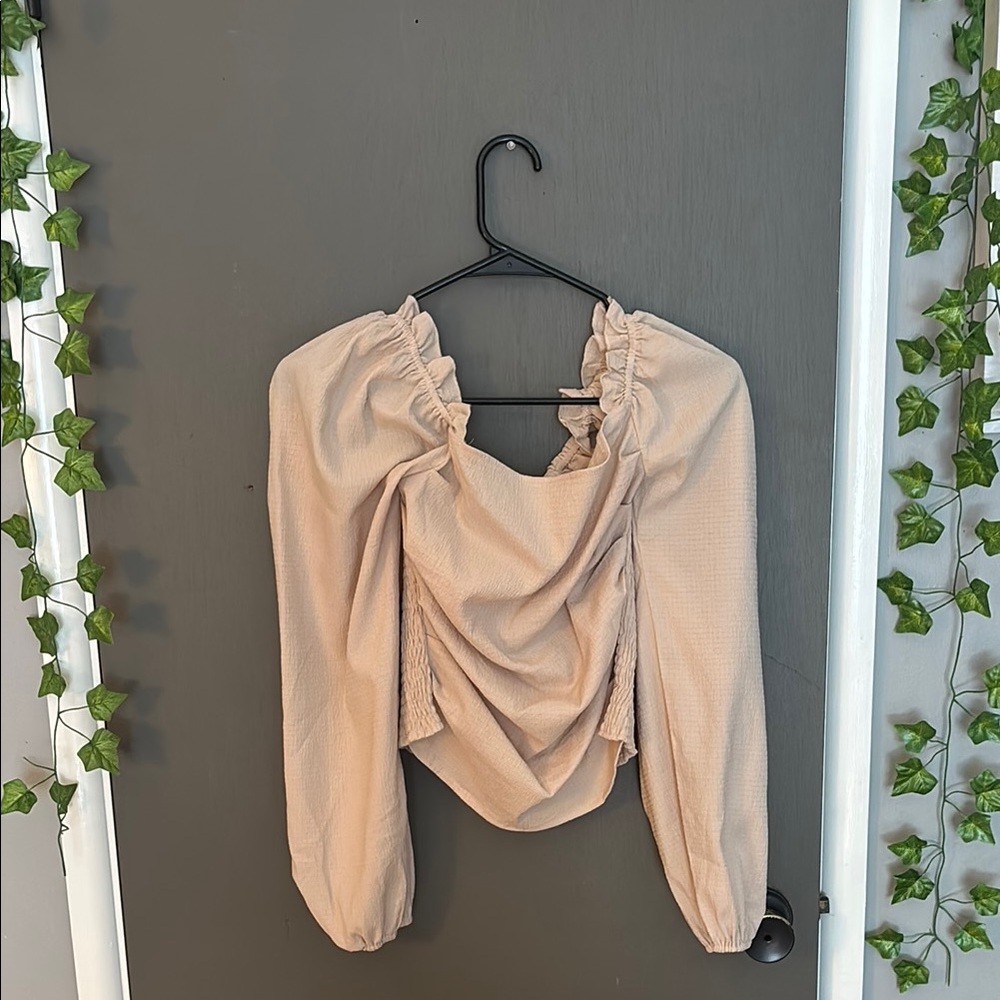 SHEIN Tan Ruched Long Sleeve Blouse